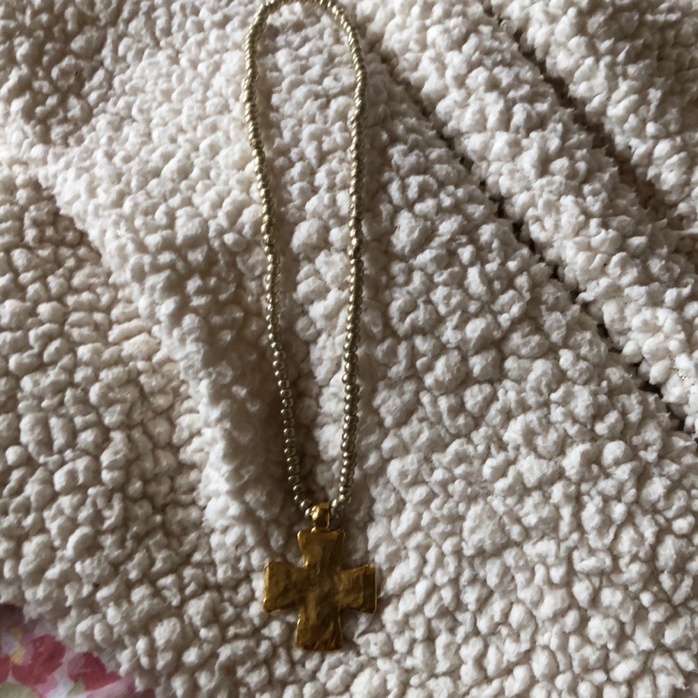 Beaded cross gold necklace. Stretch choker style.